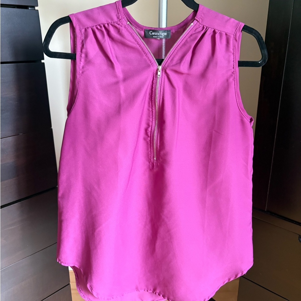 Pink Sleeveless Blouse with V-Neck and Keyhole